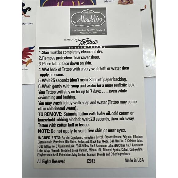 Walt Disney Aladdin DVD Temporary Tattoos Rare 6 Sheets Special Edition Jasmine - Picture 3 of 6